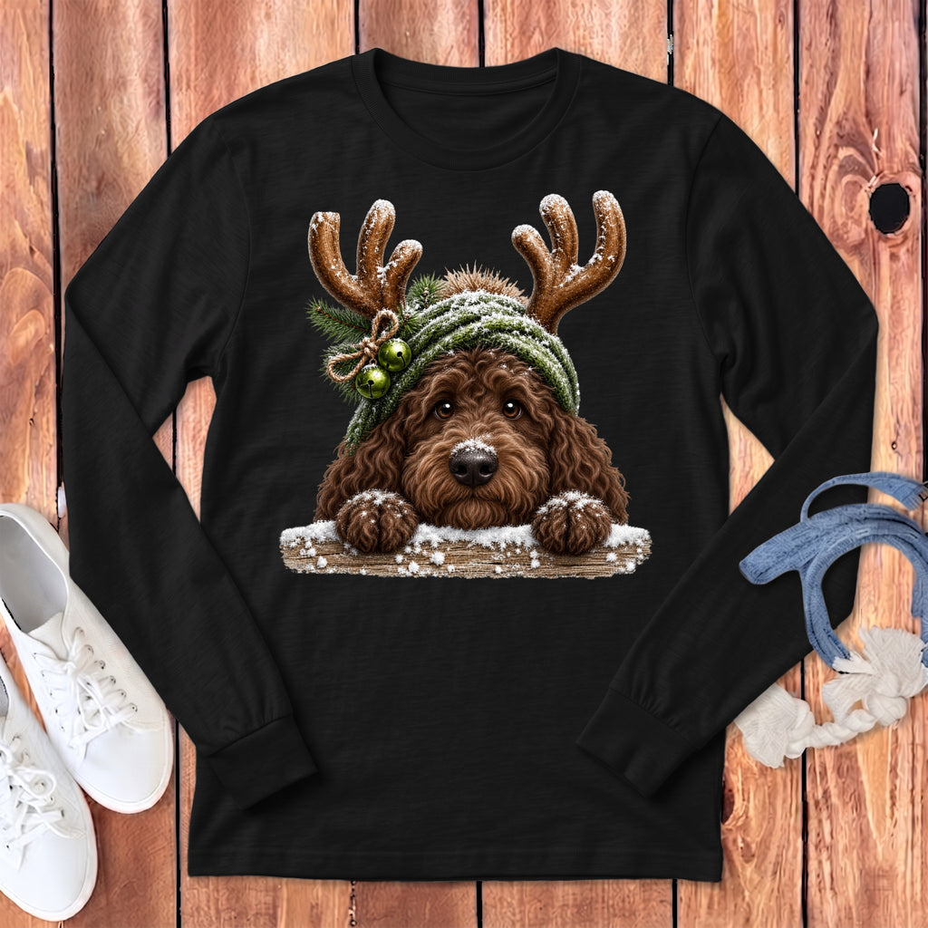 Brown doodle dog wearing antlers and a green hat with snow and bells.