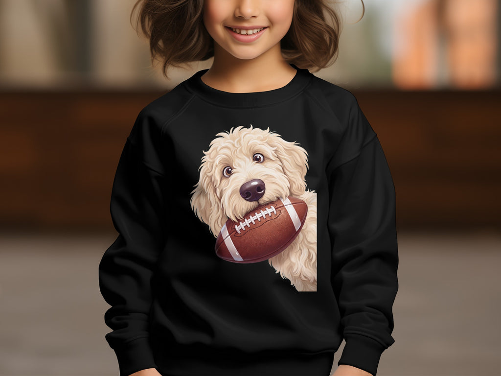 Black sweatshirt with a white doodle dog holding a football graphic.