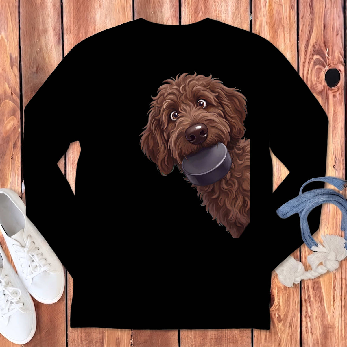 Chocolate Goldendoodle Hockey Puck Long Sleeve T-Shirt in Black / S by Puppy Jo