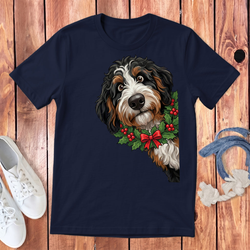 Bernese Mountain Dog wearing a holly wreath with a red bow on a navy shirt.