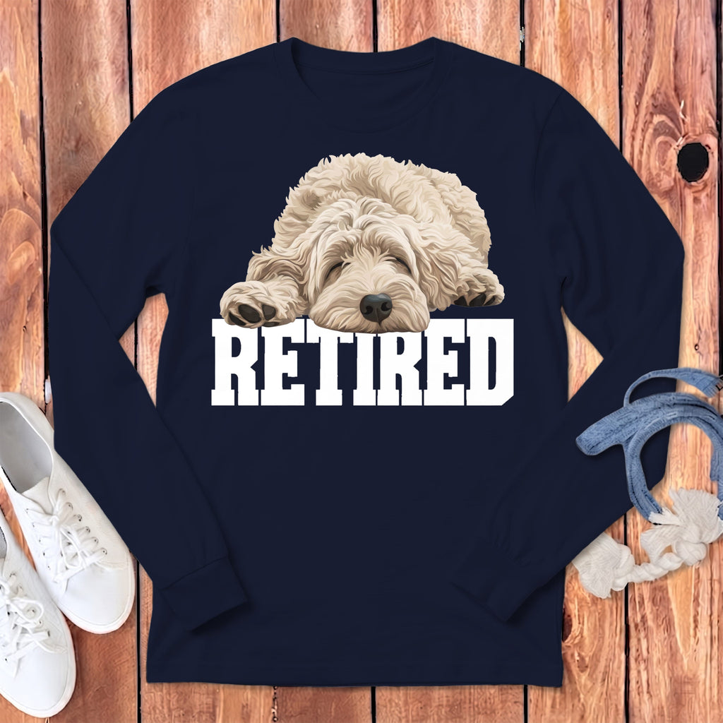 Retired Sleeping Cream Goldendoodle Long Sleeve T-Shirt in Navy / S by Puppy Jo