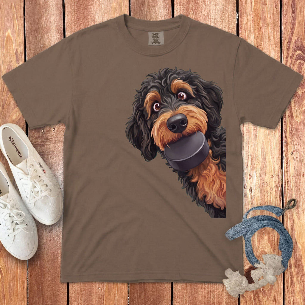 Phantom Goldendoodle Hockey Puck Signature T-Shirt in Espresso / S by Puppy Jo