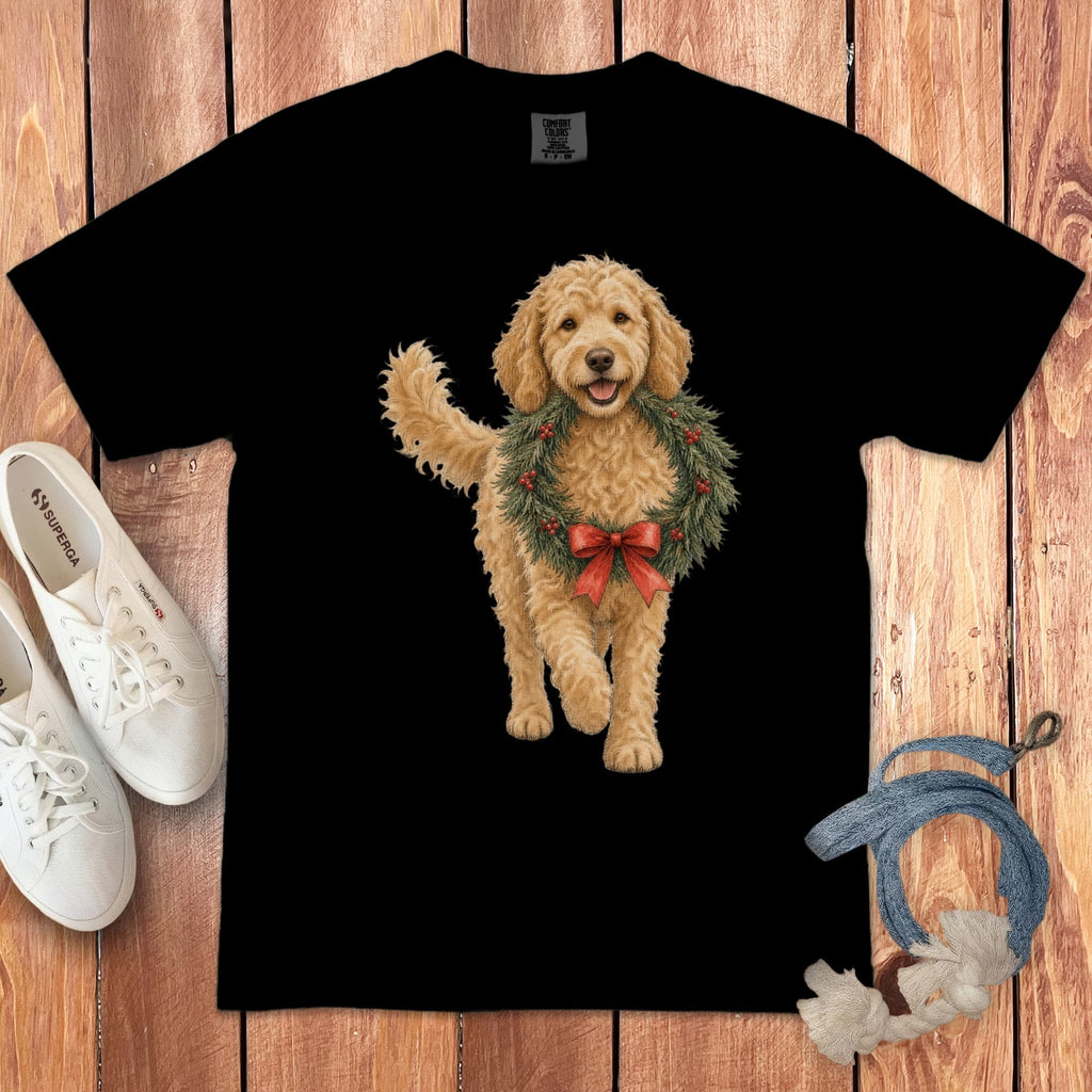 Golden Goldendoodle Wreath Signature T-Shirt in Black / S by Puppy Jo