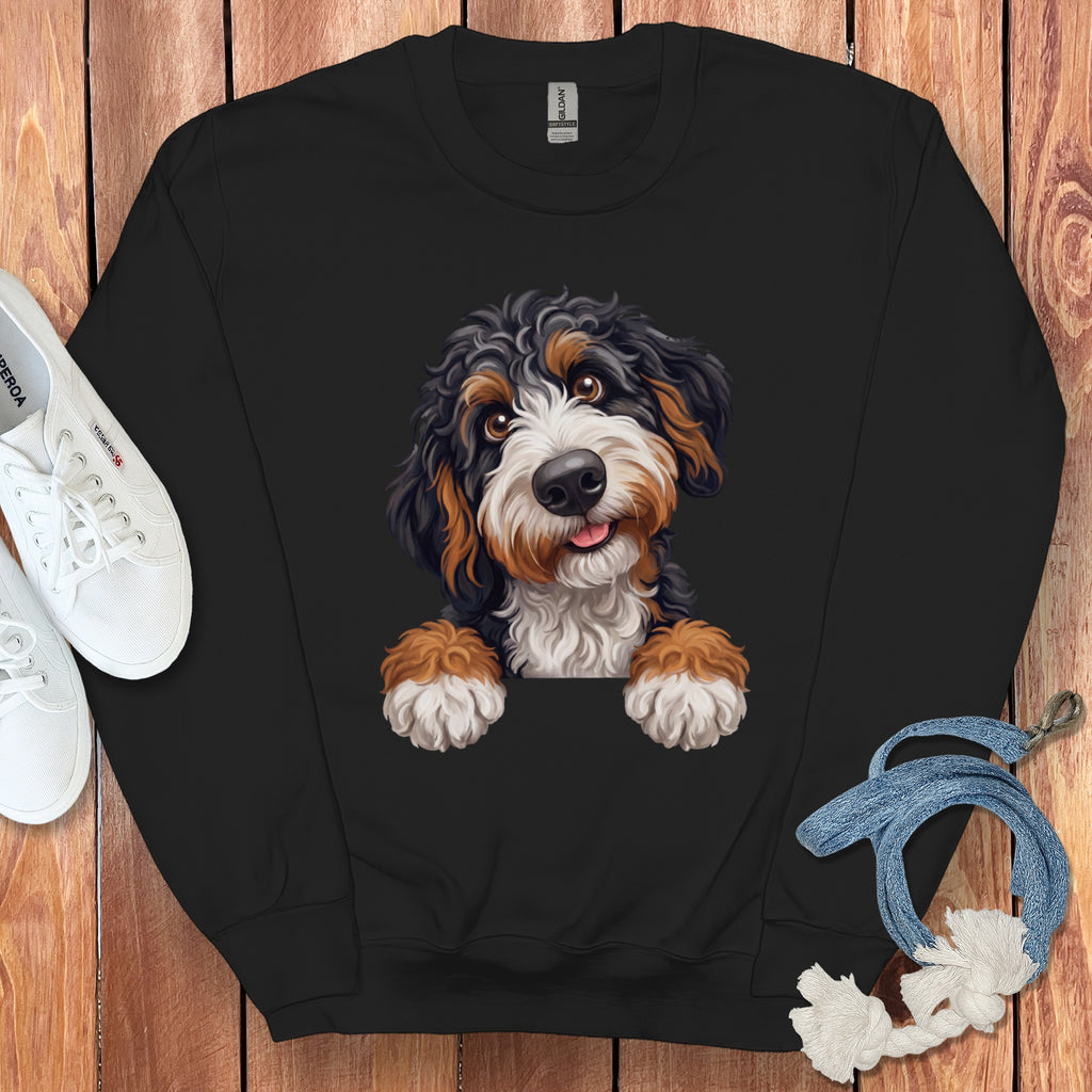 Black sweatshirt with a Bernese Mountain Dog puppy graphic.