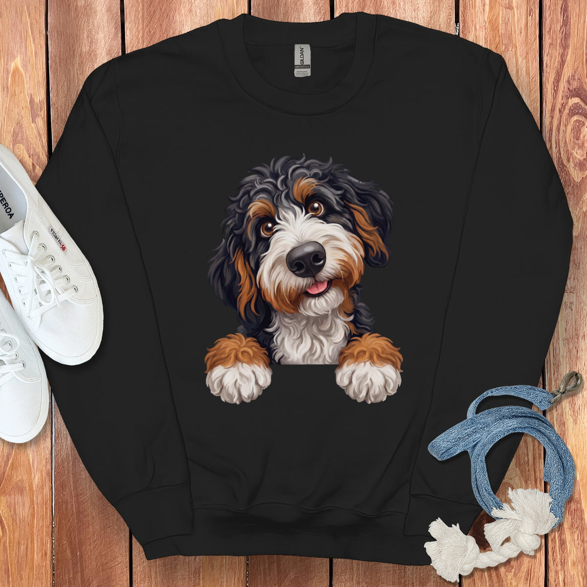Black sweatshirt with a Bernese Mountain Dog puppy graphic.