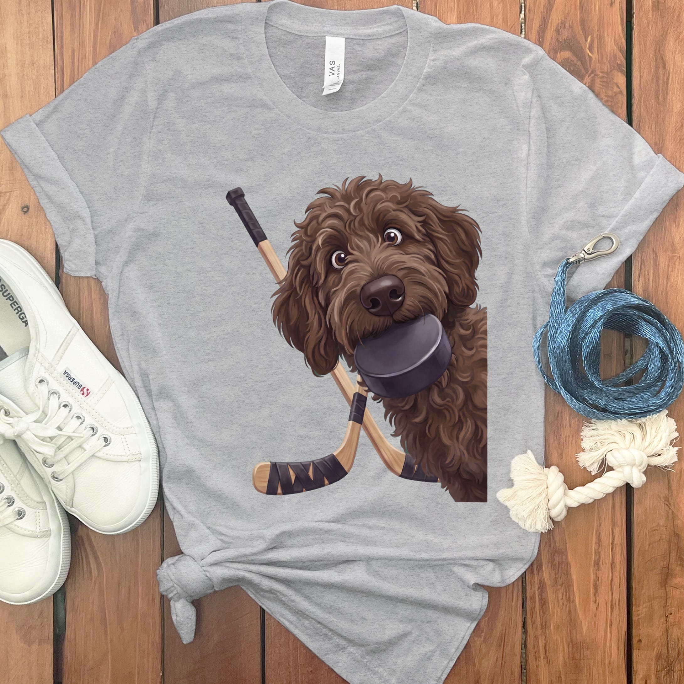 Chocolate Goldendoodle Hockey T-Shirt in Athletic Heather / S by Puppy Jo