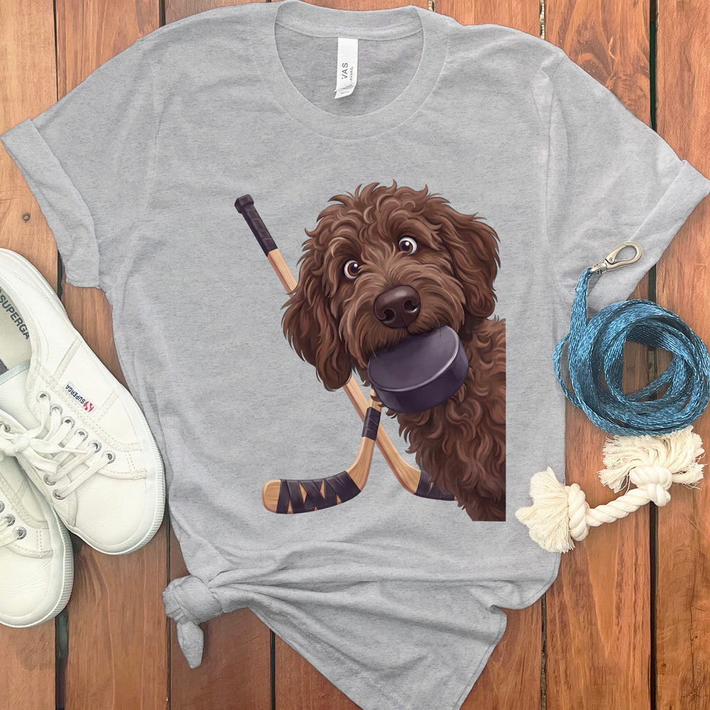 Chocolate Goldendoodle Hockey T-Shirt in Athletic Heather / S by Puppy Jo