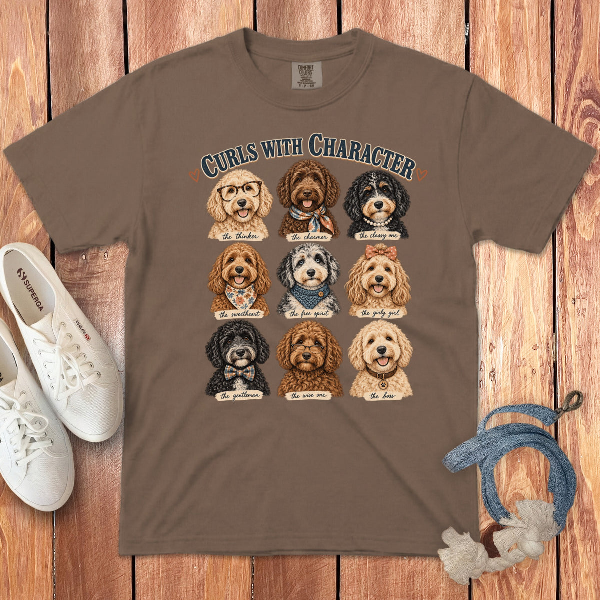 T-shirt with "Curls With Character" text and nine illustrated dog portraits.