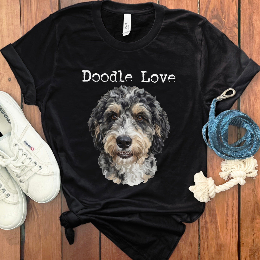 Doodle Love Black T-Shirt Featuring Dog Illustration