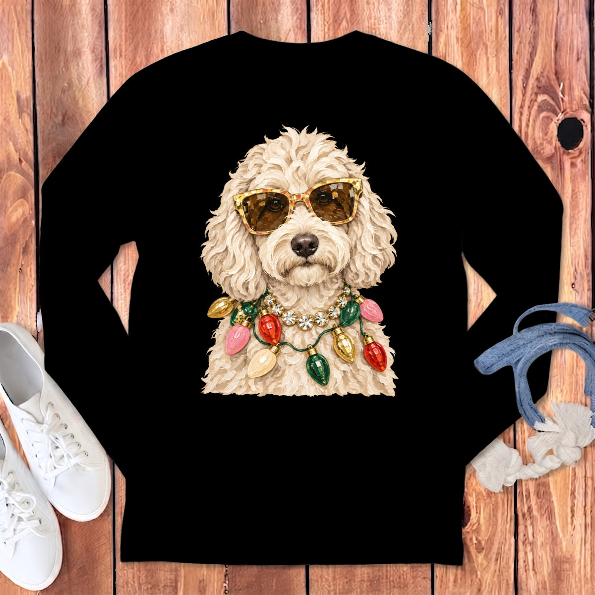 Fluffy dog wearing sunglasses and a string of Christmas lights.