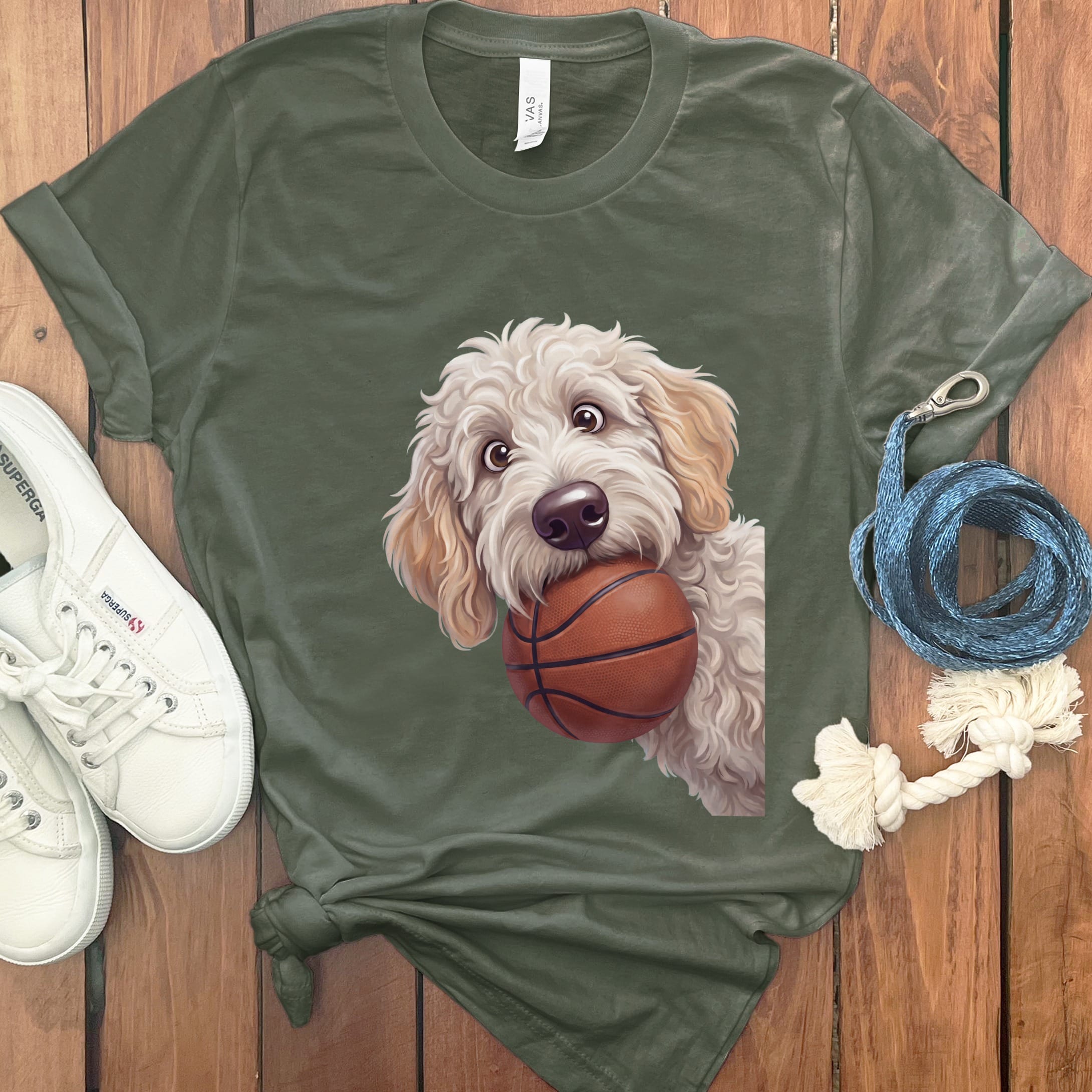 Maltipoo Basketball T-Shirt in Military Green / S by Puppy Jo