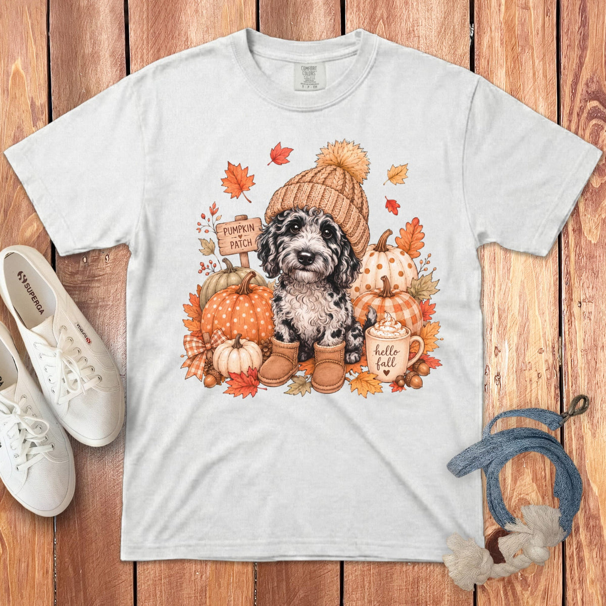 Merle Goldendoodle Pumpkin Patch Signature T-Shirt in White / S by Puppy Jo
