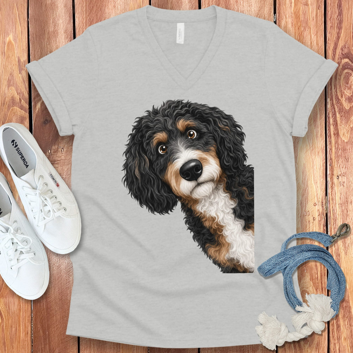 Funny Peeking Bernedoodle V-Neck T-Shirt in Athletic Heather / S by Puppy Jo