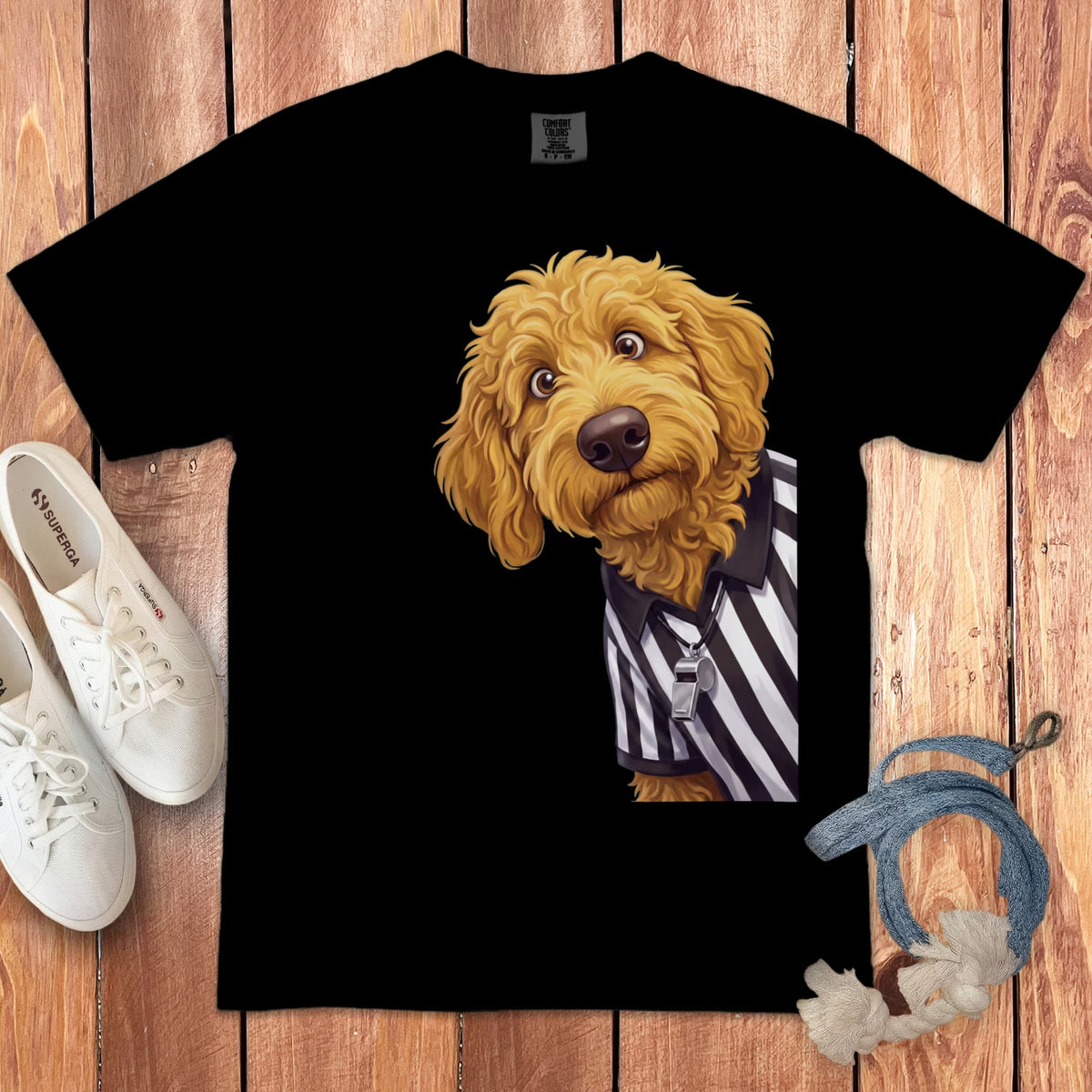 Golden Goldendoodle Football Referee Signature T-Shirt in Black / S by Puppy Jo