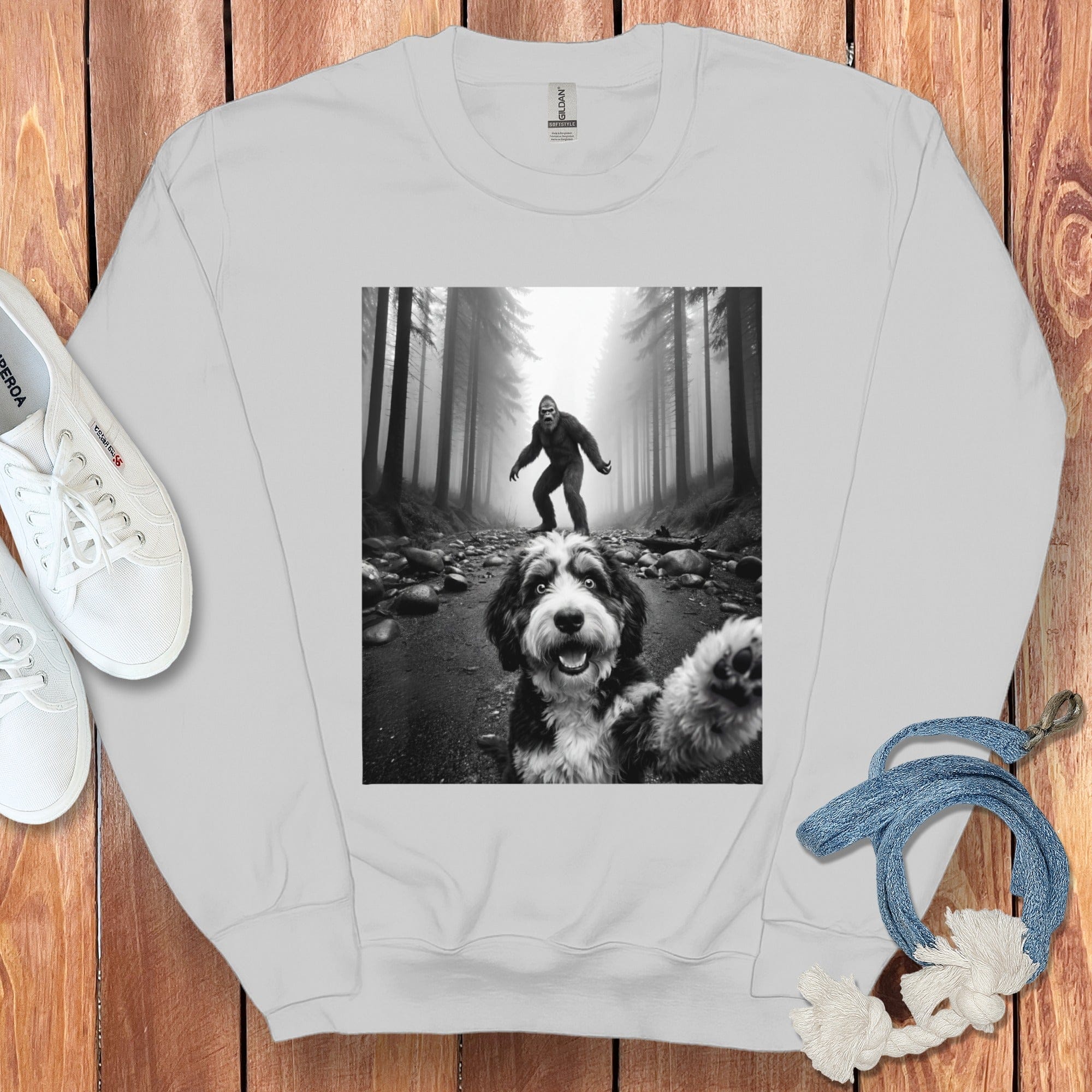 Bigfoot with Dog Photo Print Graphic Sweatshirt