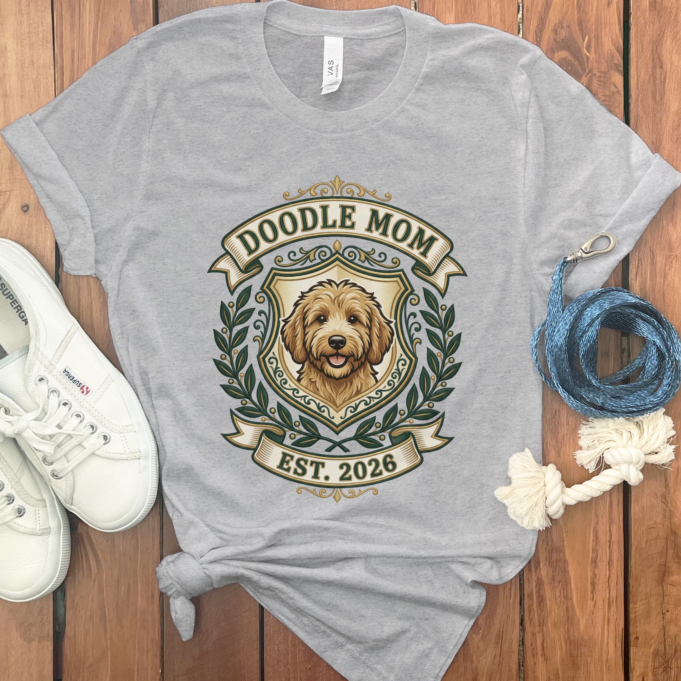 Elegant Doodle Crest T-Shirt in Athletic Heather / S by Puppy Jo