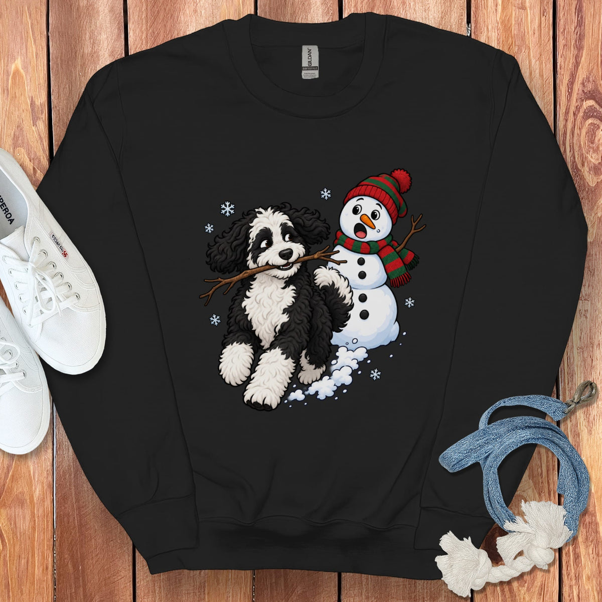 Sheepadoodle Snowman Sweatshirt in Black / S by Puppy Jo