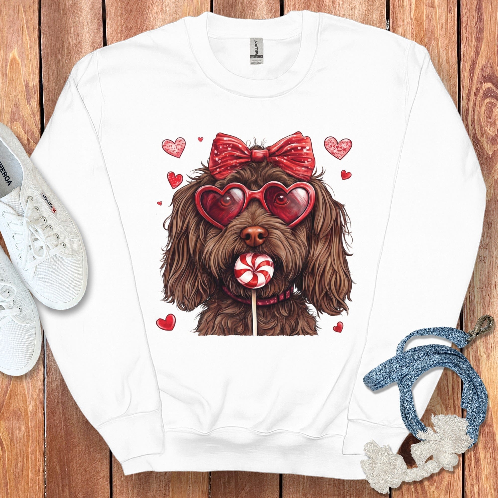 Cute Dog with Hearts and Red Bow Valentine Sweatshirt