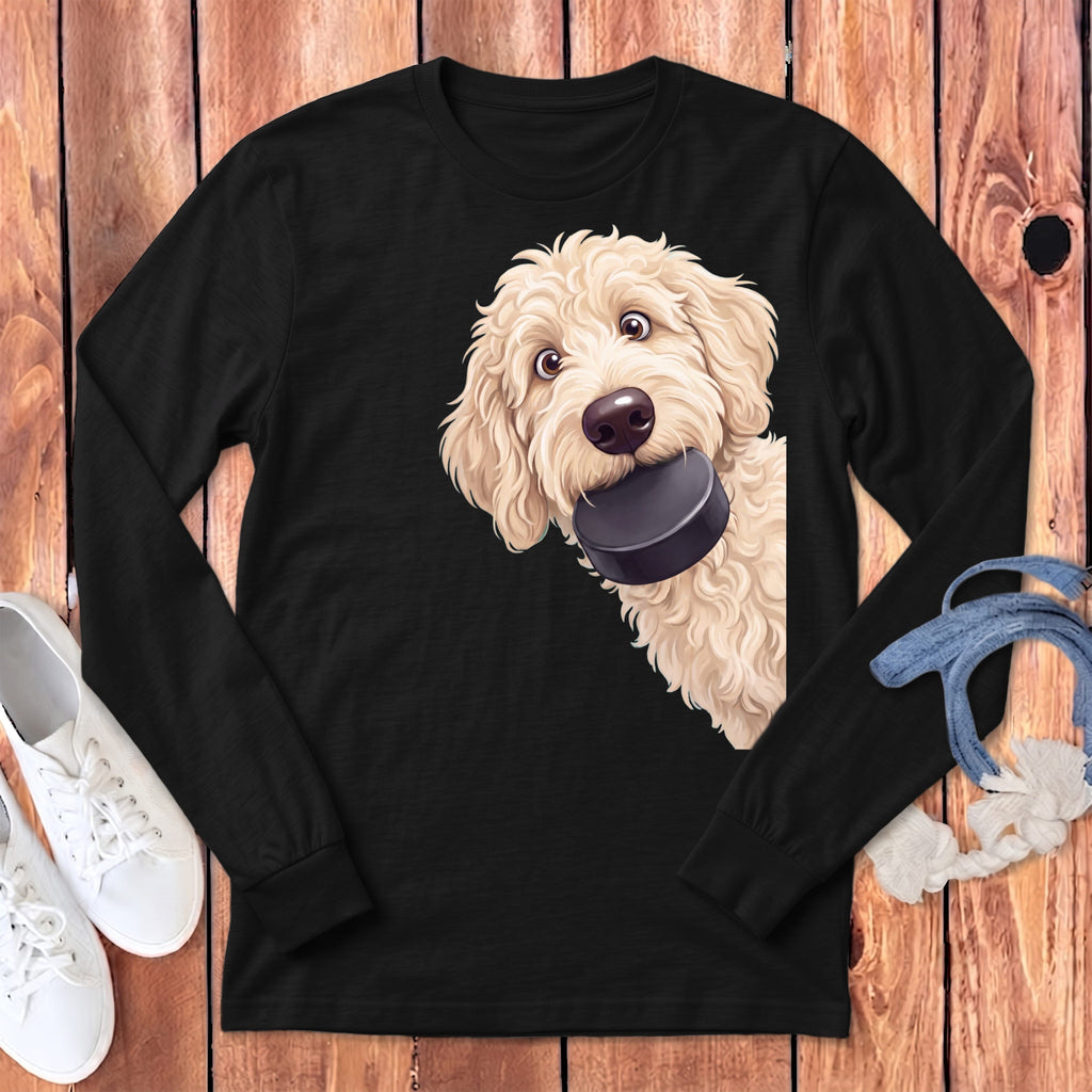Cream Goldendoodle Hockey Puck Long Sleeve T-Shirt in Dark Grey Heather / S by Puppy Jo
