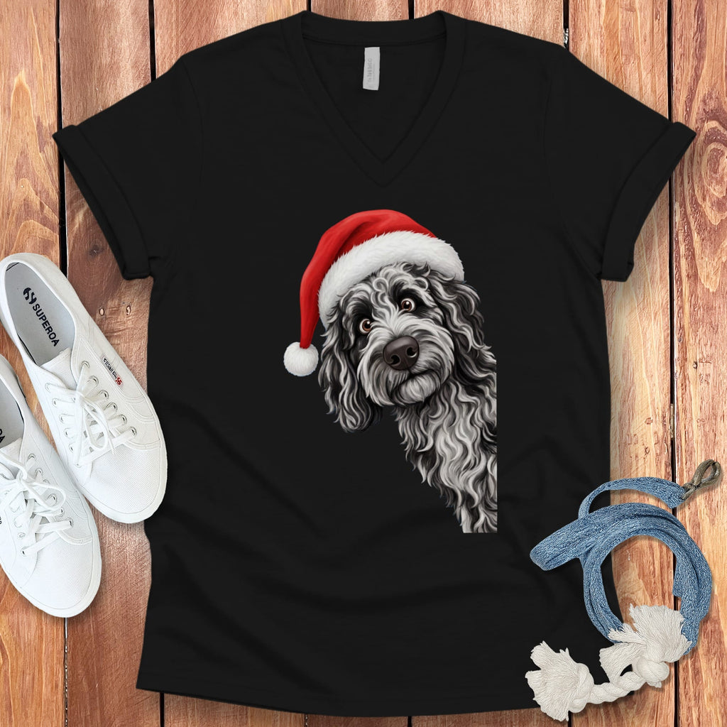 Merle Goldendoodle Holiday Santa V-Neck T-Shirt in Black / S by Puppy Jo