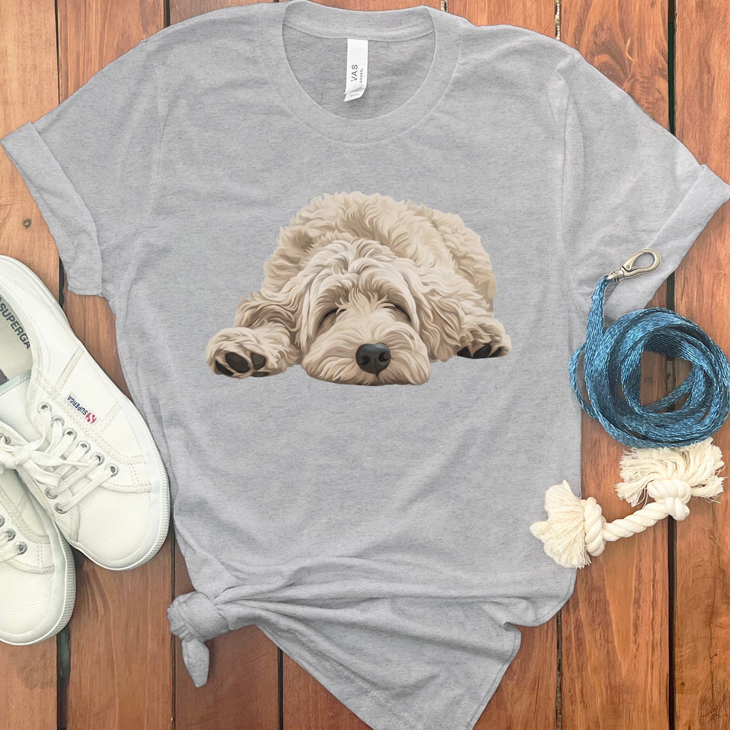 Cream Goldendoodle Snoozing T-Shirt in Athletic Heather / S by Puppy Jo
