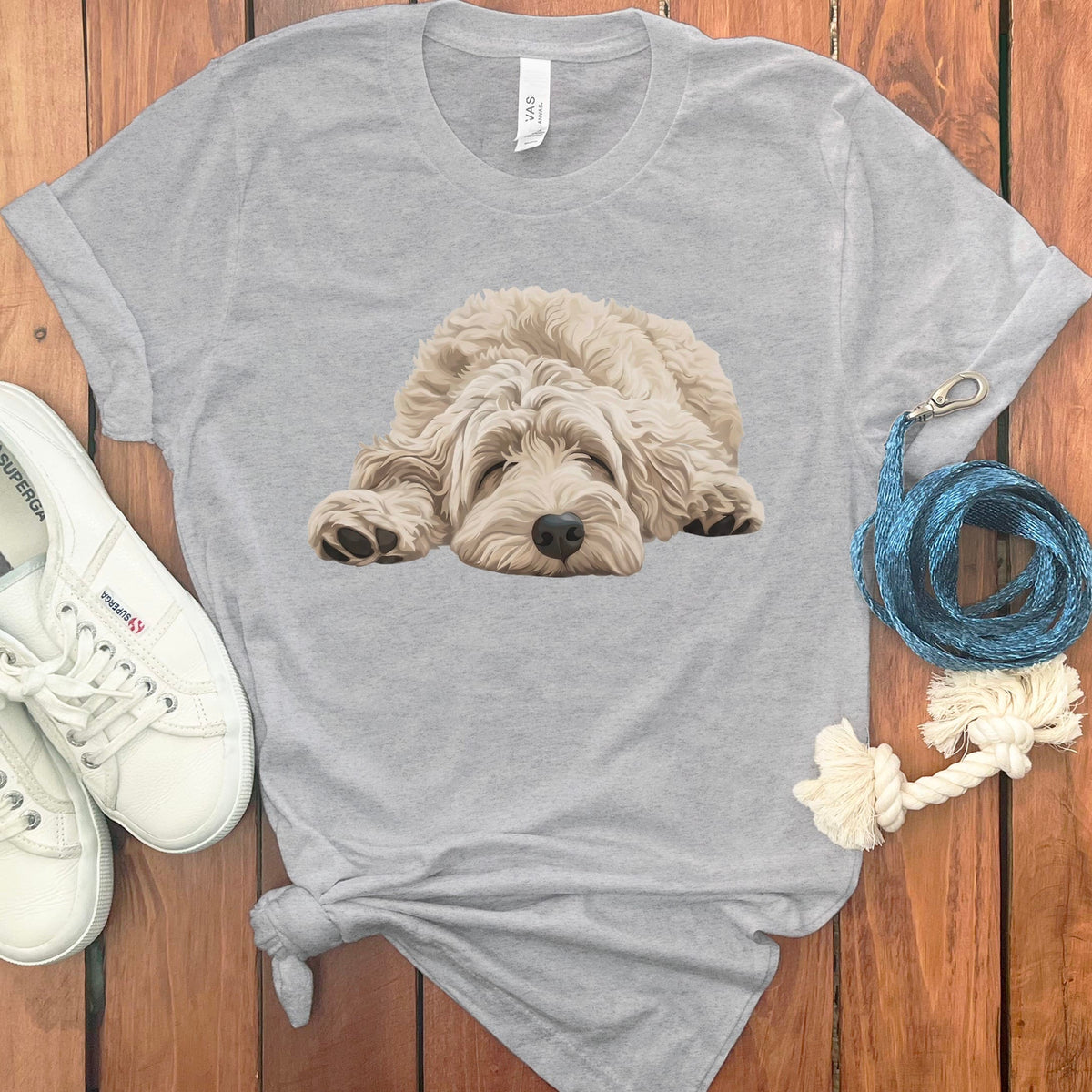 Cream Goldendoodle Snoozing T-Shirt in Athletic Heather / S by Puppy Jo