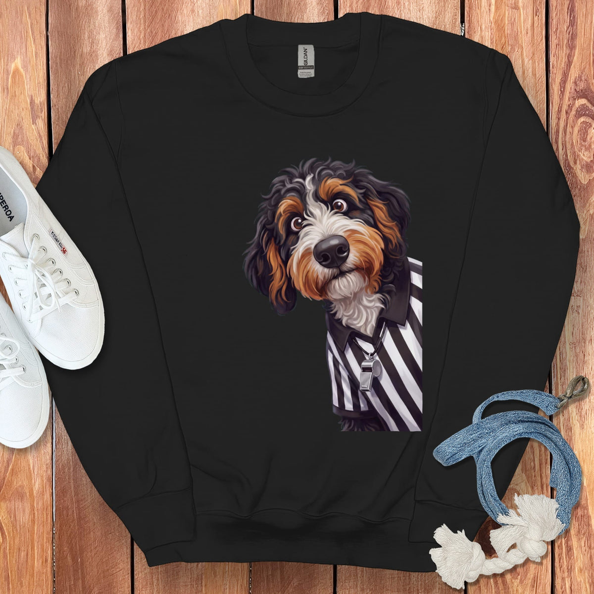 Bernedoodle Football Referee Sweatshirt in Black / S by Puppy Jo