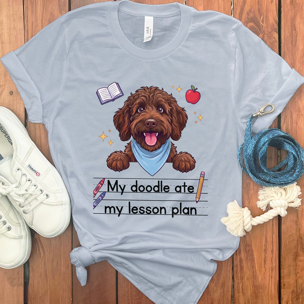 Chocolate Goldendoodle Ate Lesson T-Shirt in Light Blue / S by Puppy Jo
