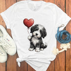 Cute Black and White Puppy with Heart Balloon Shirt