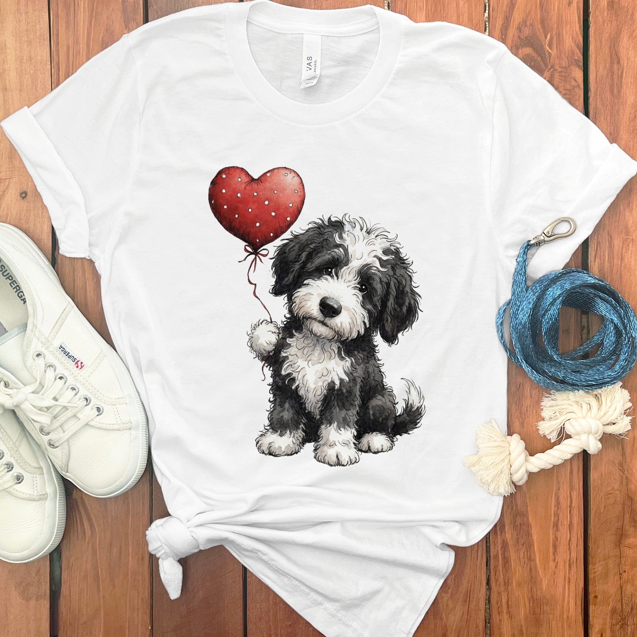 Cute Black and White Puppy with Heart Balloon Shirt