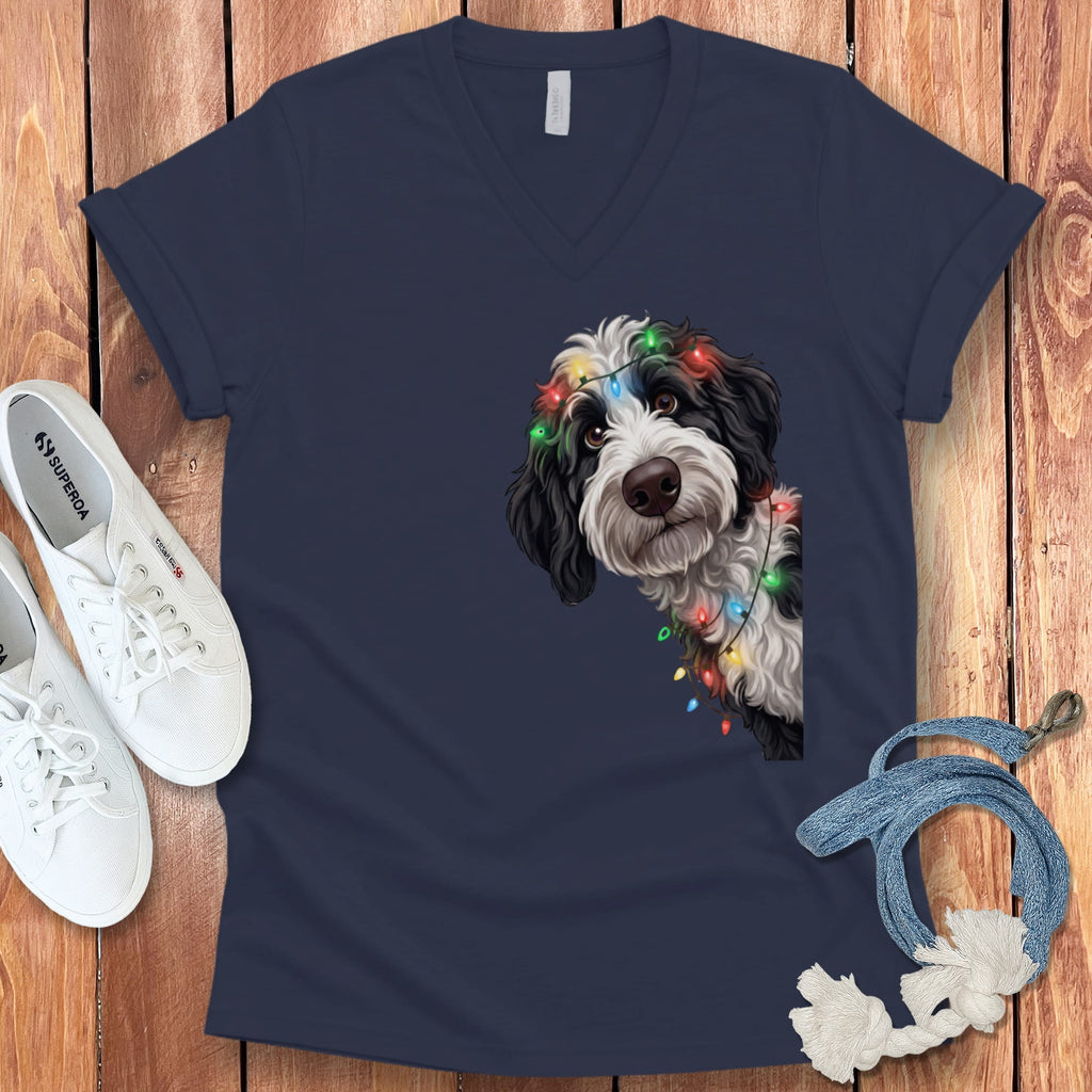 Peeking Sheepadoodle Holiday V-Neck T-Shirt in Navy / S by Puppy Jo