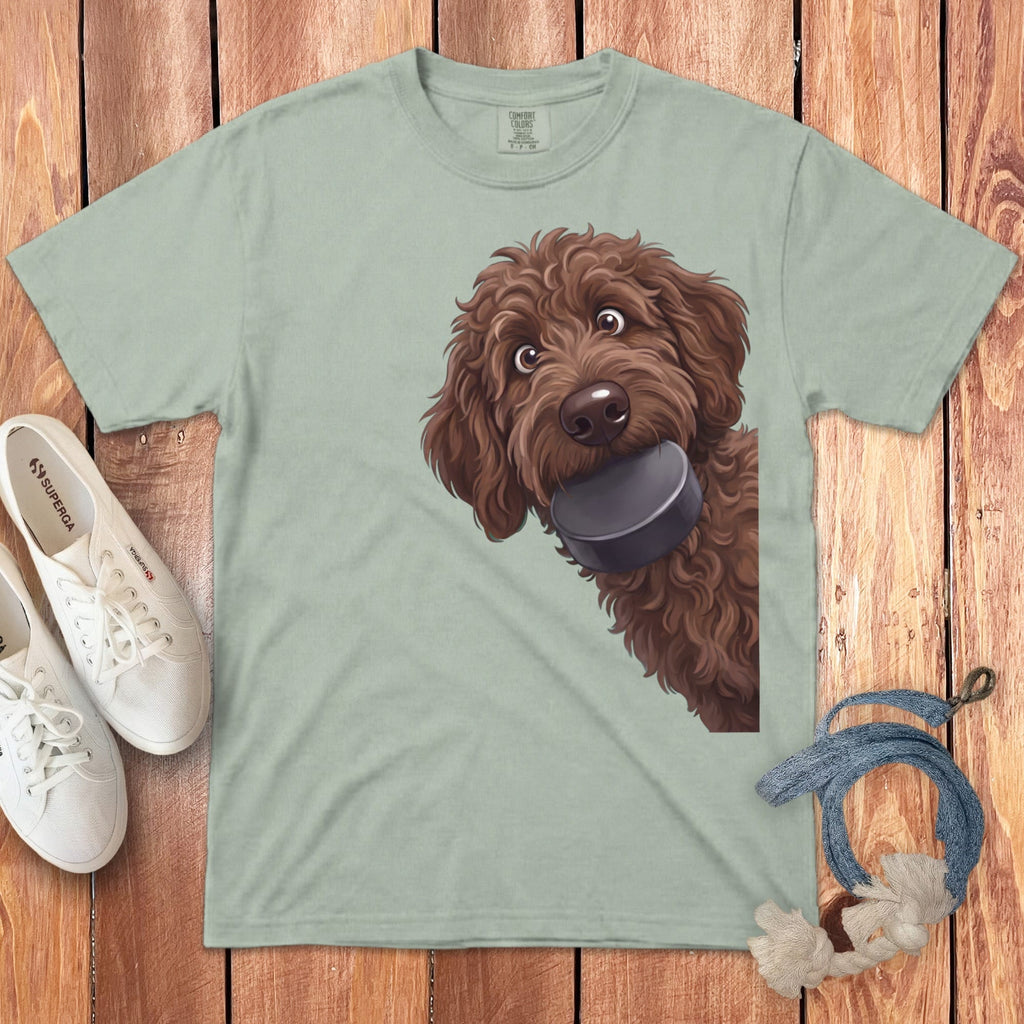 Chocolate Goldendoodle Hockey Puck Signature T-Shirt in Bay / S by Puppy Jo