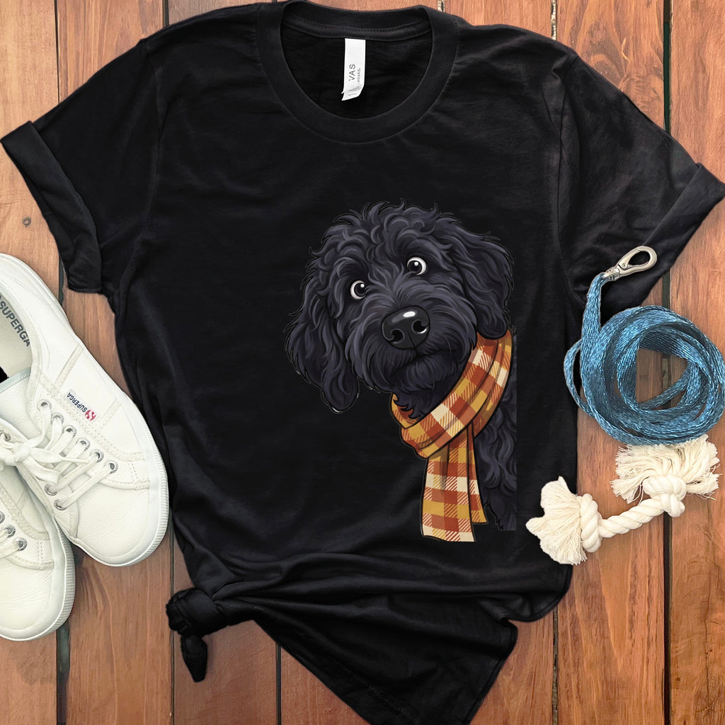 Black t-shirt with a cartoon black dog wearing a plaid scarf.