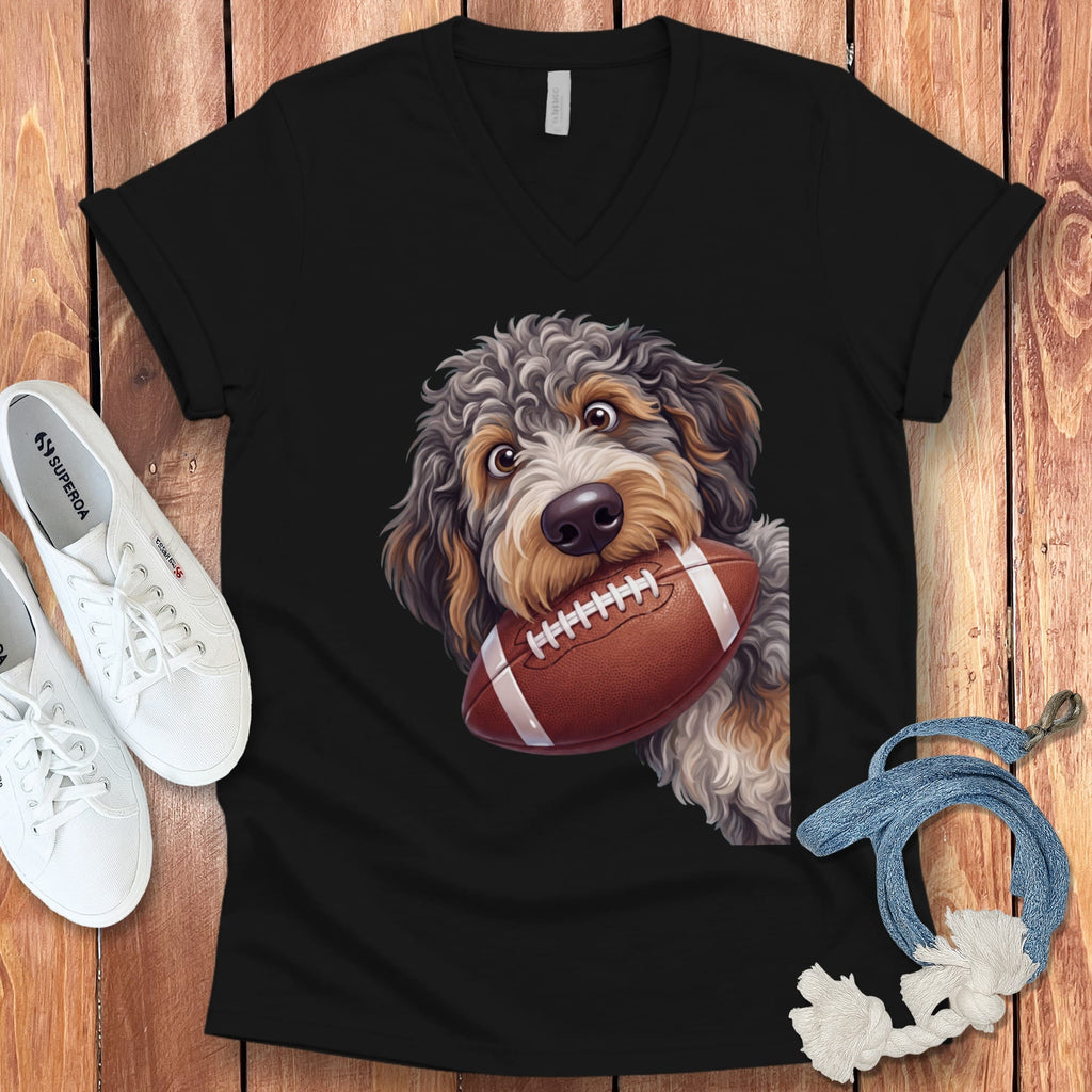 Aussiedoodle Football V-Neck T-Shirt in Black / S by Puppy Jo