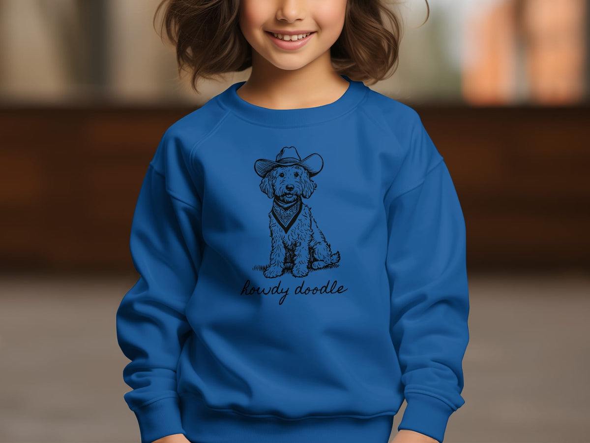 Country Howdy Doodle Youth Sweatshirt in Royal / XS by Puppy Jo
