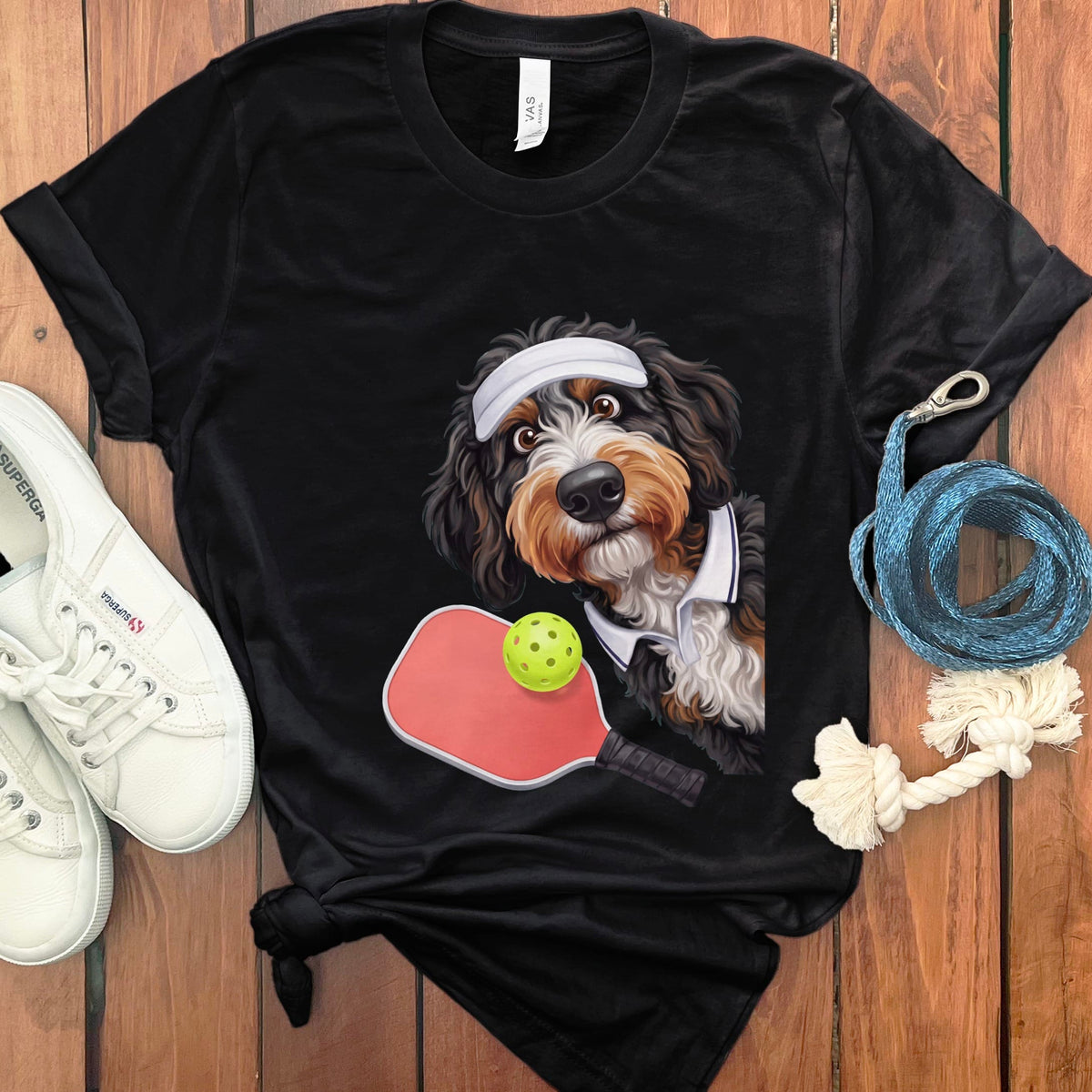 Bernedoodle Pickleball Player T-Shirt in Black / S by Puppy Jo