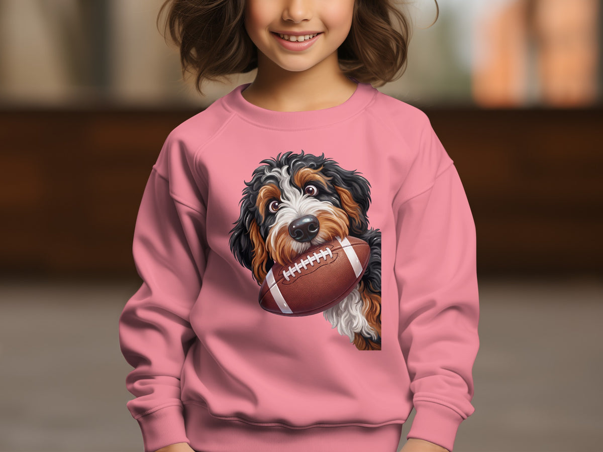 Girl in pink sweatshirt with Bernese Mountain Dog and football illustration.