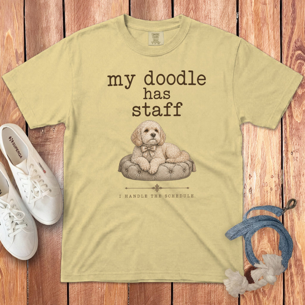 Light yellow t-shirt with "my doodle has staff" and a dog graphic.