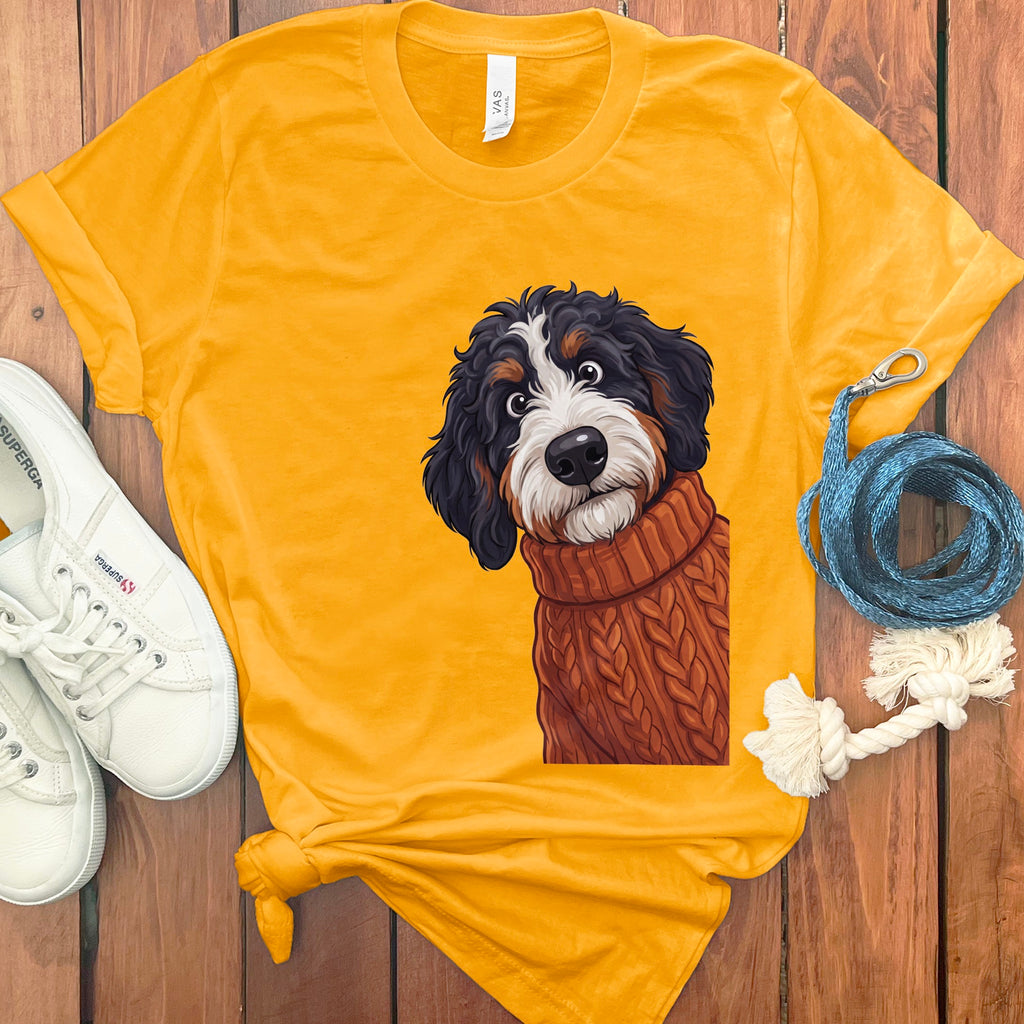 Yellow t-shirt with large Bernese Mountain Dog illustration wearing a sweater.