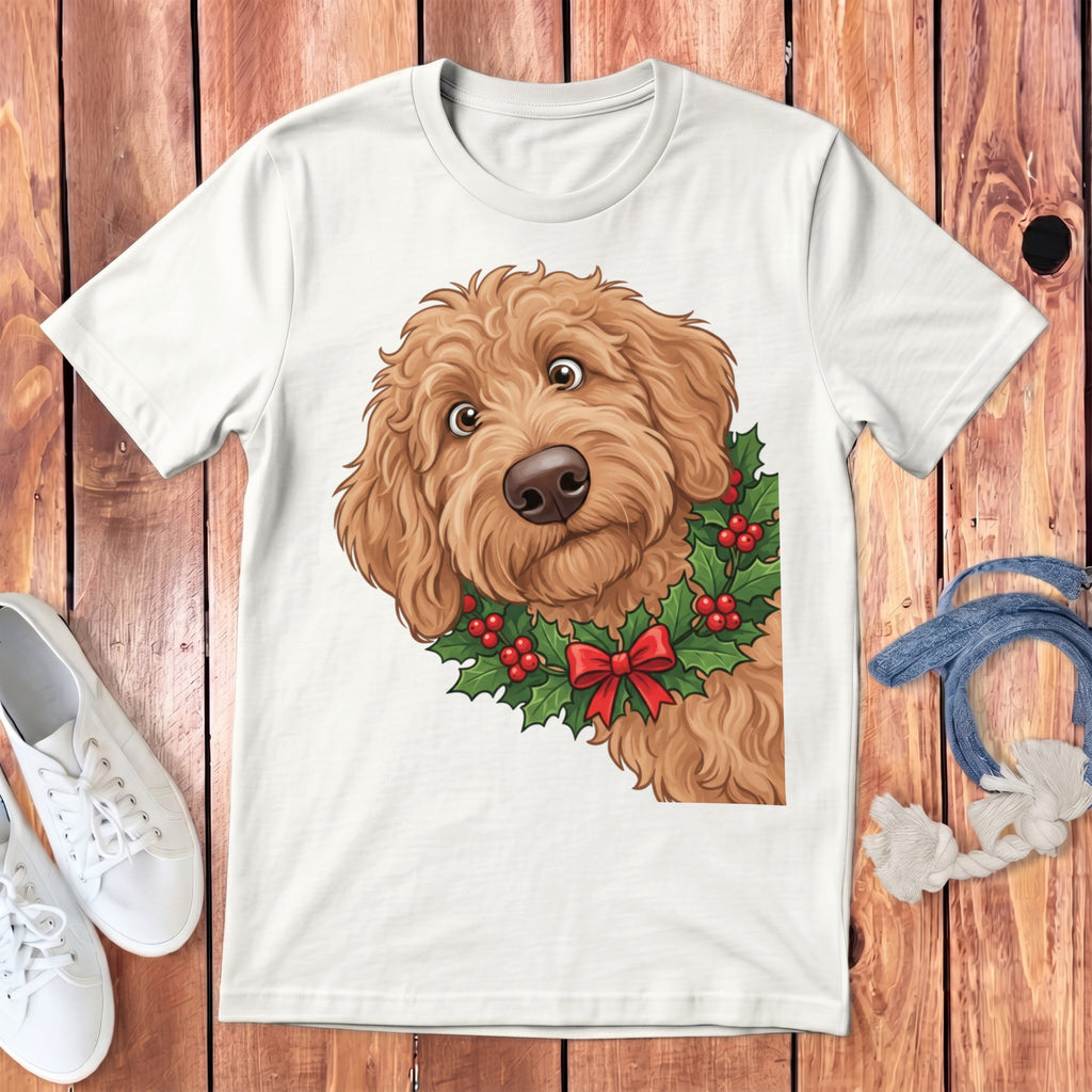 White t-shirt with a cartoon doodle wearing a holly wreath and red bow.
