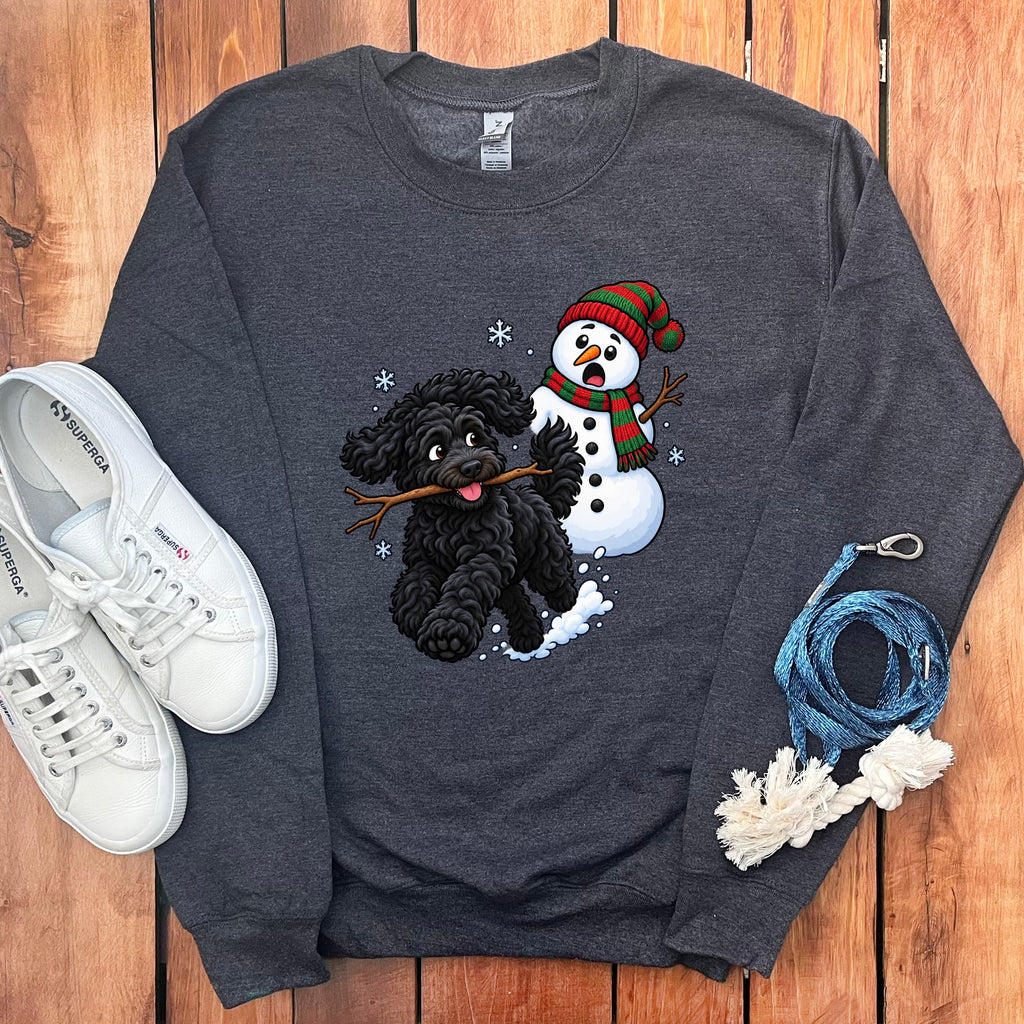 Black Goldendoodle Snowman Sweatshirt in Dark Heather / S by Puppy Jo