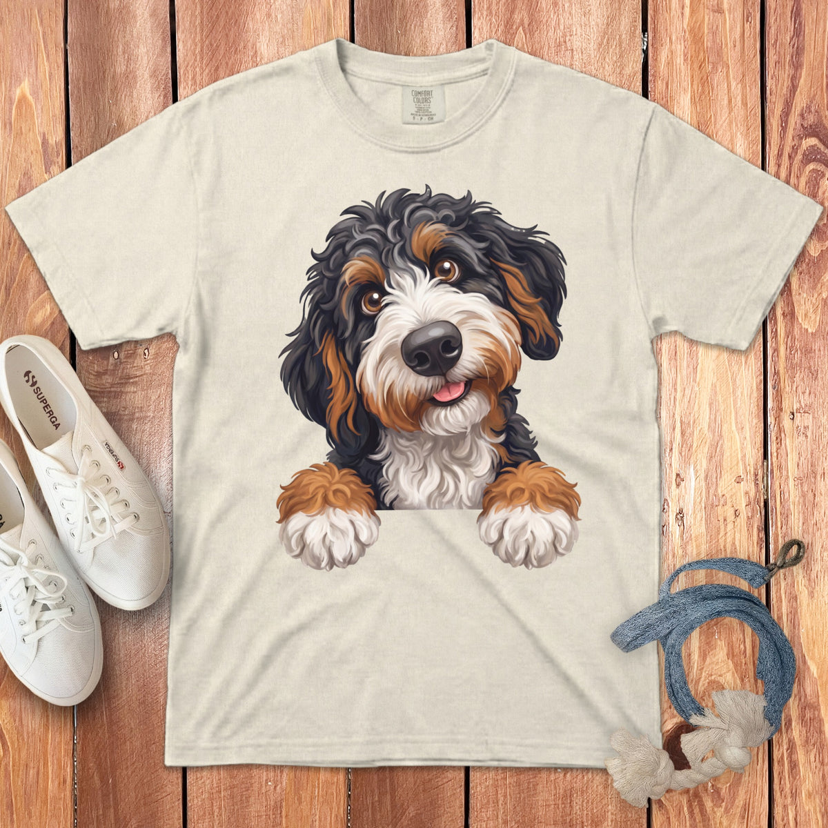 Cream t-shirt with a Bernese Mountain Dog puppy illustration peeking over the bottom edge.