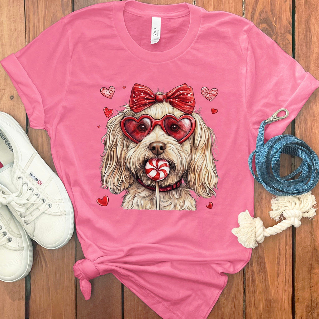 Cute Dog with Heart Sunglasses Pink Valentine's Day Shirt
