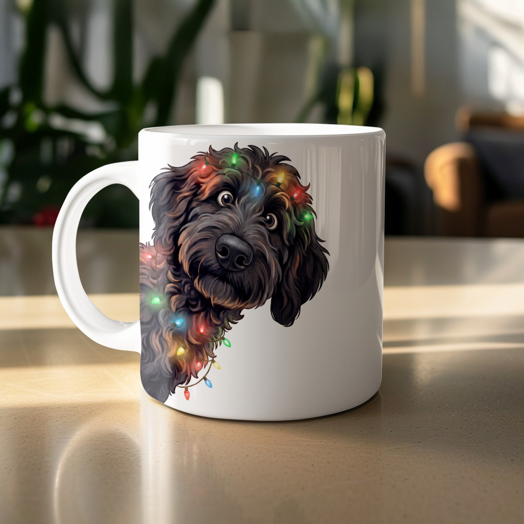 White mug with a black dog's face decorated with colorful Christmas lights.