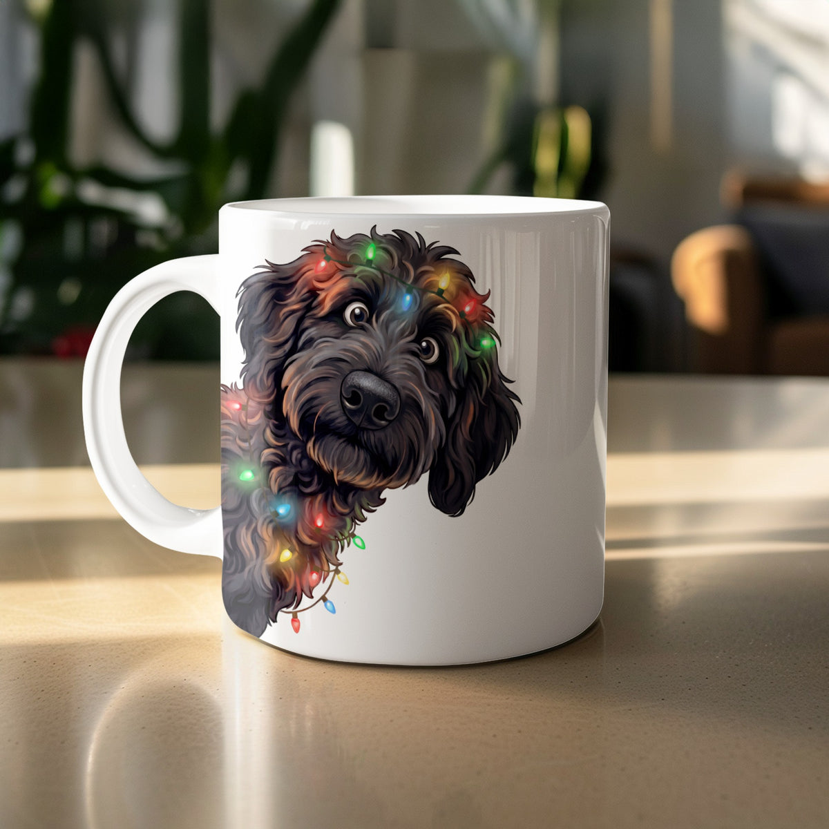 White mug with a black dog's face decorated with colorful Christmas lights.