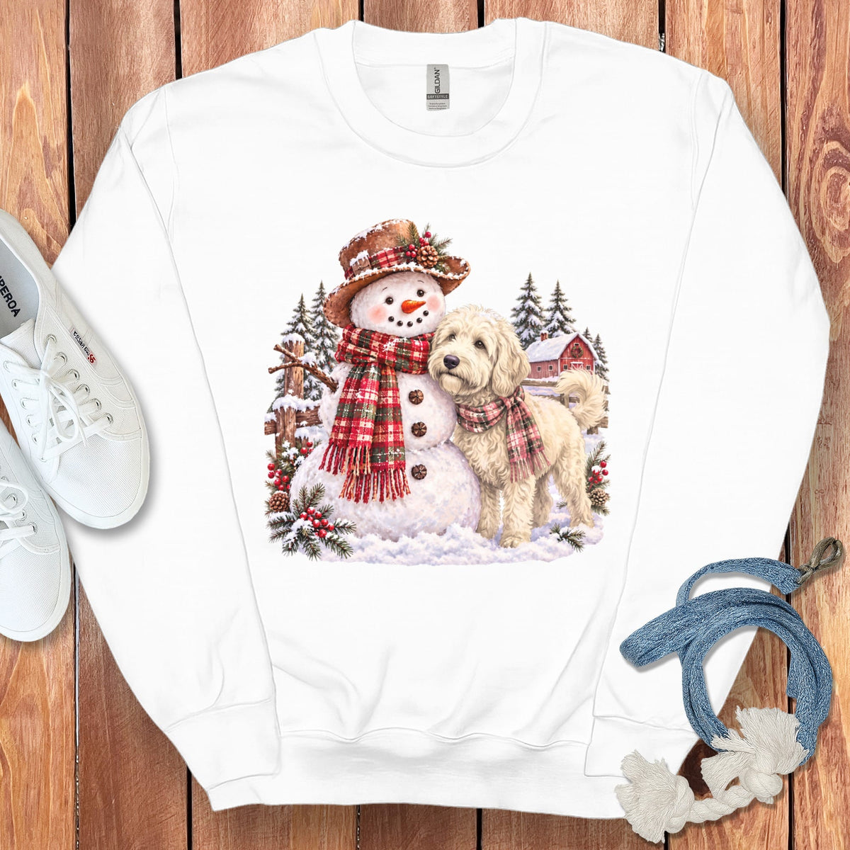 Cream Goldendoodle Christmas Snowman Sweatshirt in White / S by Puppy Jo