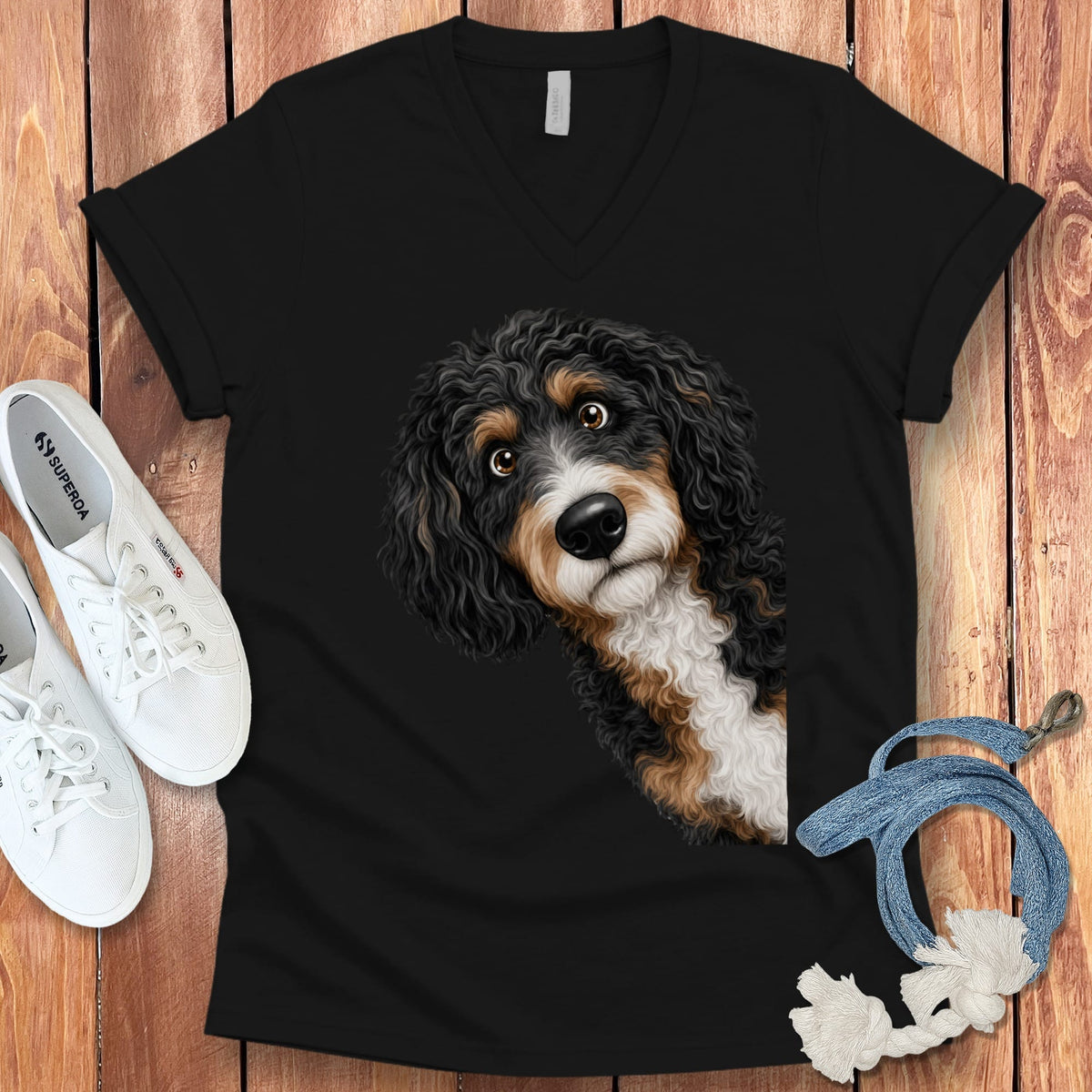 Funny Peeking Bernedoodle V-Neck T-Shirt in Black / S by Puppy Jo