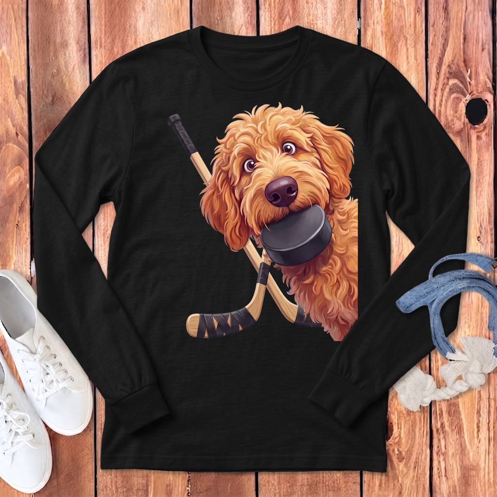 Apricot Goldendoodle Hockey Long Sleeve T-Shirt in Dark Grey Heather / S by Puppy Jo