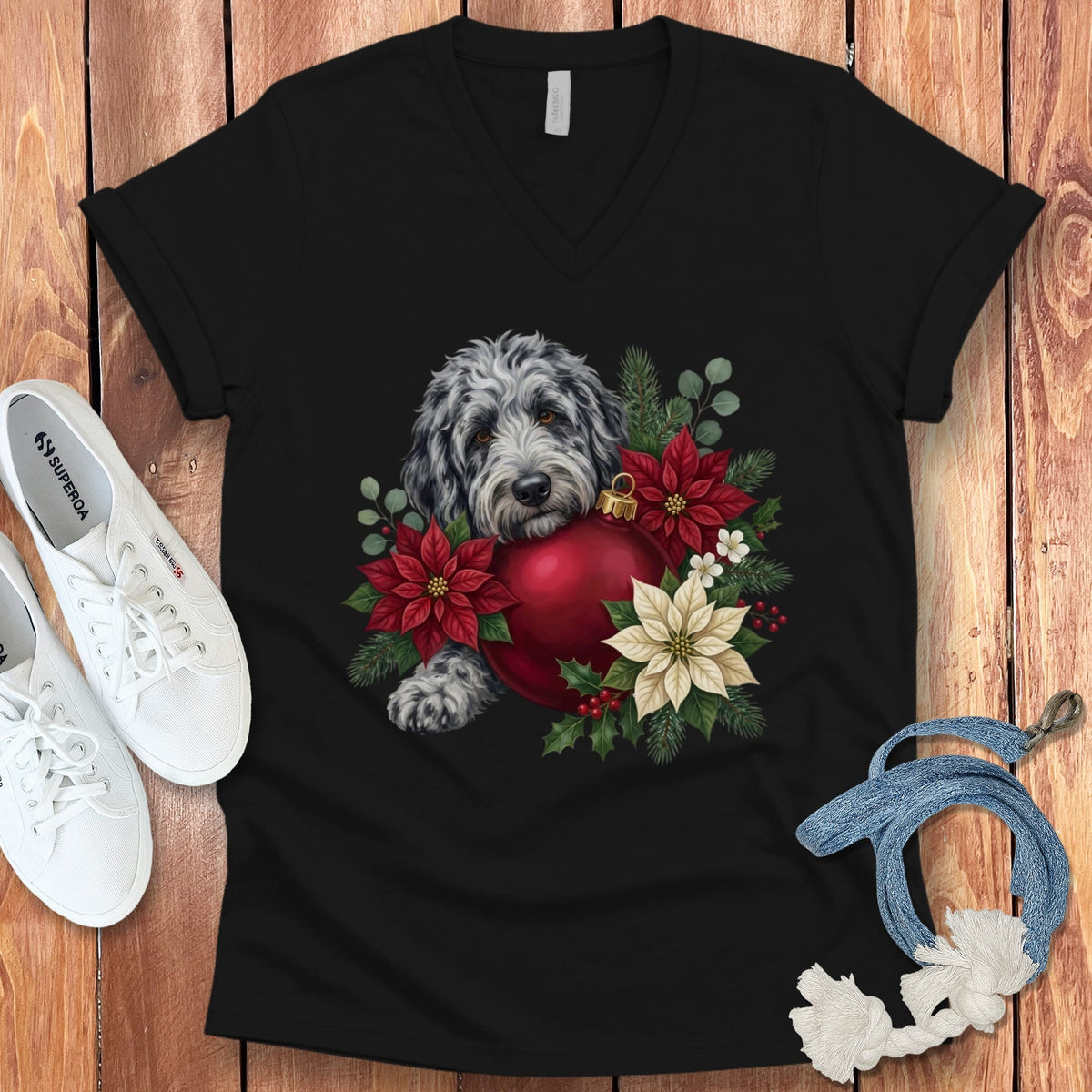 Merle Goldendoodle Holiday Cheer V-Neck T-Shirt in Black / S by Puppy Jo