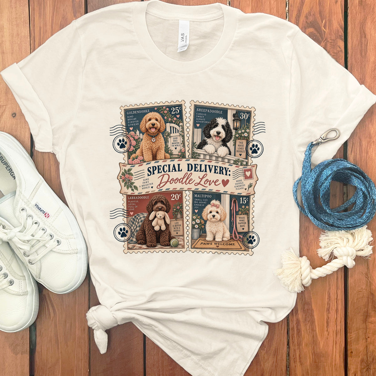 Cream t-shirt with "Special Delivery: Doodle Love" and four postage stamps featuring different doodles.